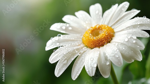 Dewdropladen daisy petal closeup, crisp focus, soft lighting photo