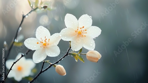 Fine focus on dewdropladen petal, soft hues, natural light photo