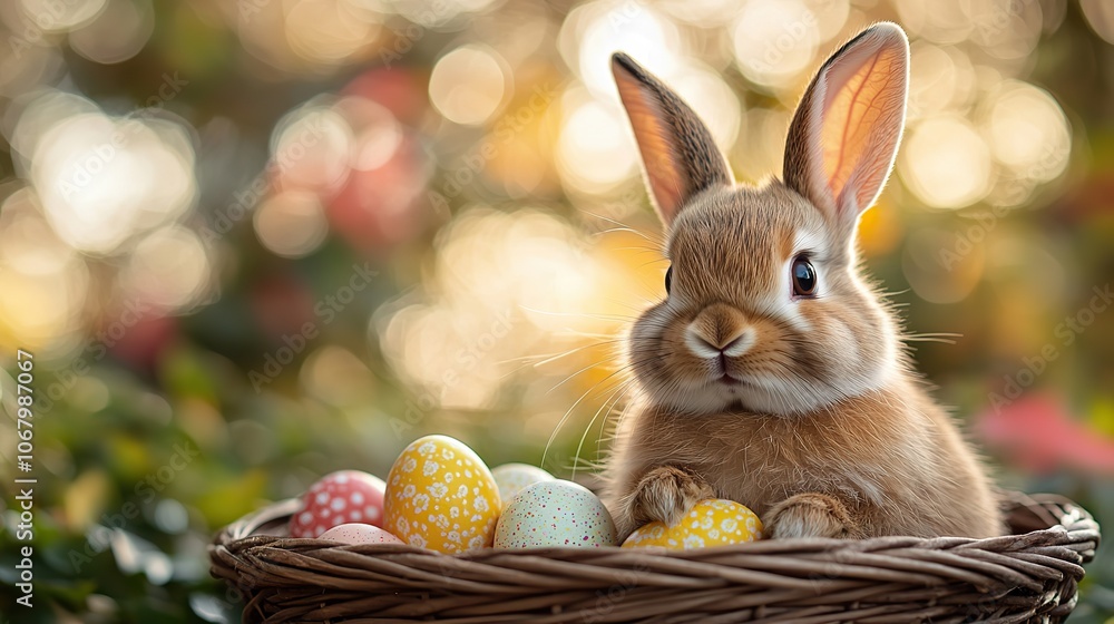 Fluffy bunny sitting in a basket with colorful eggs in a spring field, perfect for Easter card or banner backgrounds. Fluffy bunny sitting in a basket with colorful eggs in a spring field, perfect for Easter card or banner backgrounds.