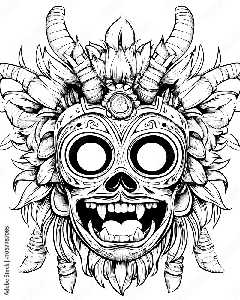 A drawing of a skull with horns and a smiling mouth. The skull has a menacing look to it, but the smile on its face gives it a somewhat comical appearance. The drawing is in black and white A drawing of a skull with horns and a smiling mouth. The skull has a menacing look to it, but the smile on its face gives it a somewhat comical appearance. The drawing is in black and white
