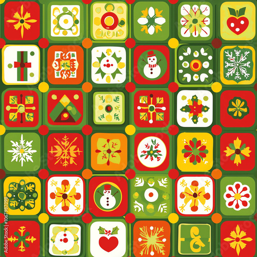 Wallpaper Mural  A vibrant and colorful Christmas pattern featuring various square icons with traditional symbols like snowflakes, holly leaves, wreaths, and toys. Torontodigital.ca