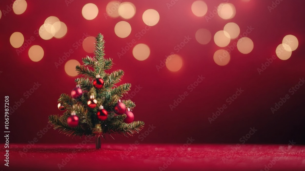 decorated mini christmas tree on red background decorated mini christmas tree on red background