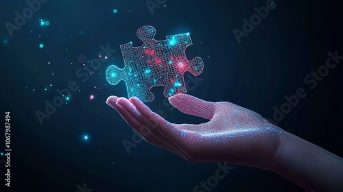 Digital Puzzle Hologram on a Hand, Success Solution Concept

 photo