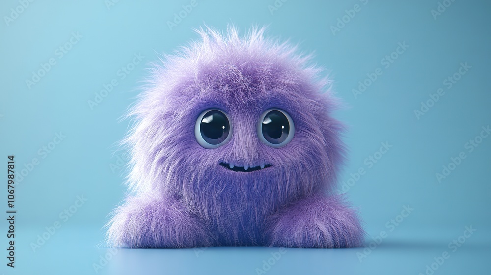 Obraz premium Fluffy purple monster on a light blue background, promoting a cute Halloween theme.
