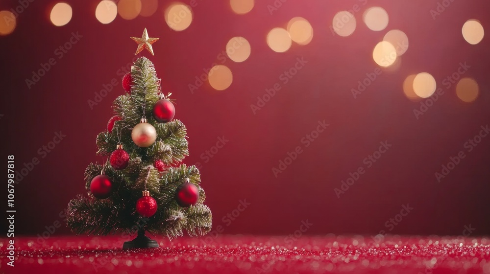 decorated mini christmas tree on red background decorated mini christmas tree on red background