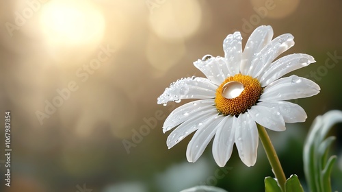 Macro view of dewdrop on daisy petal, sharp clarity, rich color photo