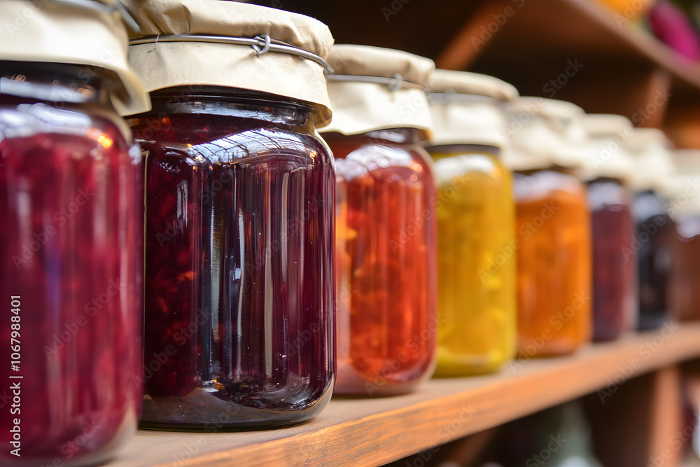 Colorful jars of homemade jams, jellies, and preserves lined up on a rustic shelf, showcasing vibrant shades of red, orange, yellow, and purple, ideal for home canning inspiration Colorful jars of homemade jams, jellies, and preserves lined up on a rustic shelf, showcasing vibrant shades of red, orange, yellow, and purple, ideal for home canning inspiration