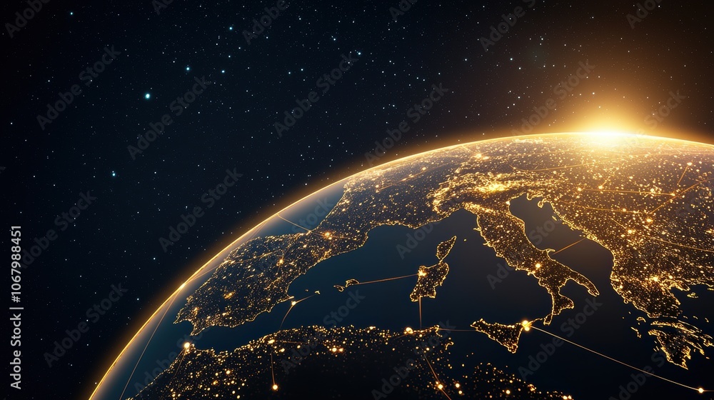 Obraz premium Silhouette of the Earth with glowing lines connecting continents and major cities, highlighting global connectivity and the interconnectedness of the modern world.