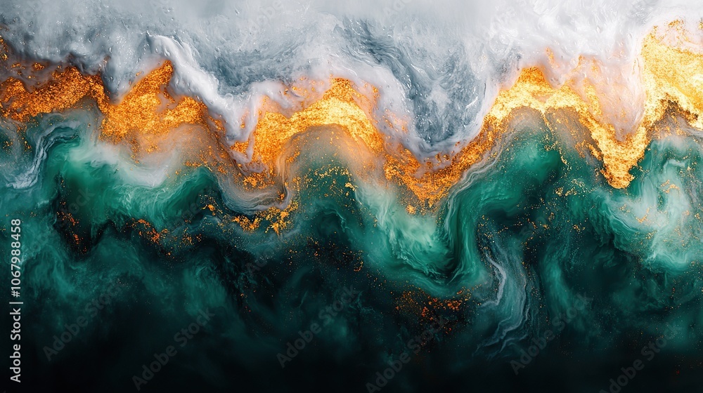 Fluid art mixing green, gold, and white paints creates a striking abstract background, perfect for posters, banners, or interior decor. Fluid art mixing green, gold, and white paints creates a striking abstract background, perfect for posters, banners, or interior decor.
