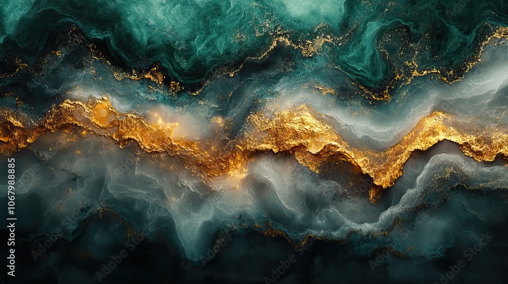 Fluid art texture in emerald green, gold, and white, offering a luxurious backdrop for modern interior design. Fluid art texture in emerald green, gold, and white, offering a luxurious backdrop for modern interior design.