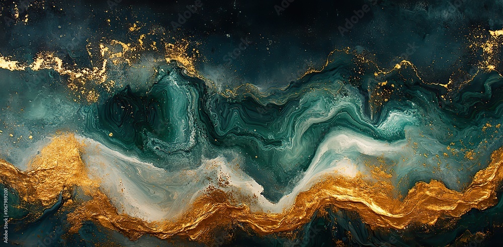 Fluid art with emerald green and gold tones, creating a luxurious backdrop for an abstract interior poster. Fluid art with emerald green and gold tones, creating a luxurious backdrop for an abstract interior poster.