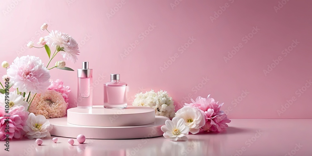 A Delicate Arrangement of Pastel Pink and White Flowers Surrounding Two Perfume Bottles on a Stacked Pink Round Platform A Delicate Arrangement of Pastel Pink and White Flowers Surrounding Two Perfume Bottles on a Stacked Pink Round Platform