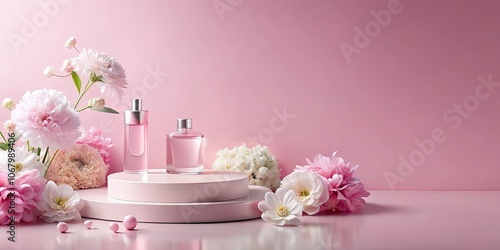 Wallpaper Mural A Delicate Arrangement of Pastel Pink and White Flowers Surrounding Two Perfume Bottles on a Stacked Pink Round Platform Torontodigital.ca
