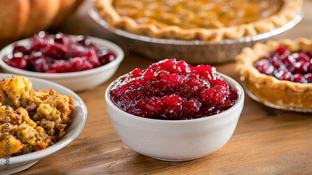 A close-up of a rustic wooden table set for Thanksgiving, displaying a variety of colorful dishes including cranberry sauce, stuffing, and pumpkin pie. The shallow depth of field focuses on the A close-up of a rustic wooden table set for Thanksgiving, displaying a variety of colorful dishes including cranberry sauce, stuffing, and pumpkin pie. The shallow depth of field focuses on the