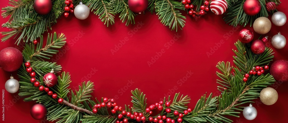 Elegant Christmas border featuring red and gold ornaments, pine cones, and greenery on a vibrant red background. Perfect for holiday themes and seasonal designs. Elegant Christmas border featuring red and gold ornaments, pine cones, and greenery on a vibrant red background. Perfect for holiday themes and seasonal designs.