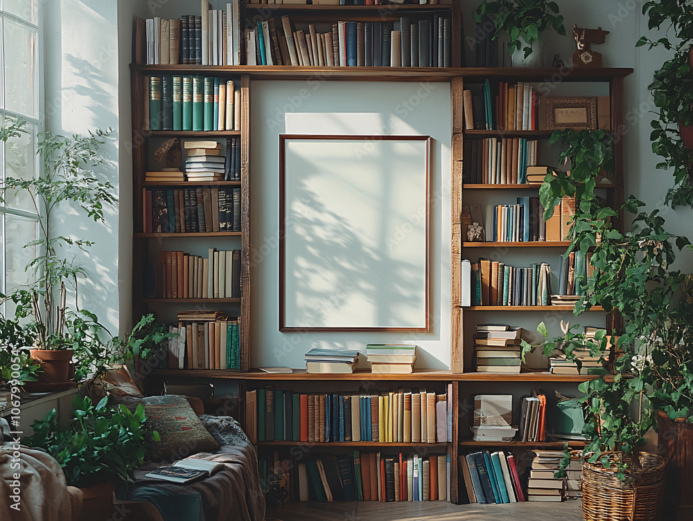 a wooden bookshelf with many books on its shelves. The bookshelf is filled with books of various sizes and colors, and there is a white picture frame on the bottom shelf. a wooden bookshelf with many books on its shelves. The bookshelf is filled with books of various sizes and colors, and there is a white picture frame on the bottom shelf.