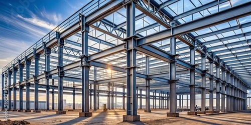 A skeletal framework of steel beams and columns, bathed in the warm glow of the setting sun, creates an intricate geometric pattern against the backdrop of a vibrant sky.