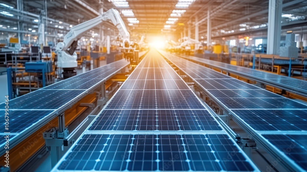 Large Production Line with White Industrial Robot Arms at Modern Bright Factory. Solar Panels are being Assembled on Conveyor. Automated Manufacturing Facility Large Production Line with White Industrial Robot Arms at Modern Bright Factory. Solar Panels are being Assembled on Conveyor. Automated Manufacturing Facility