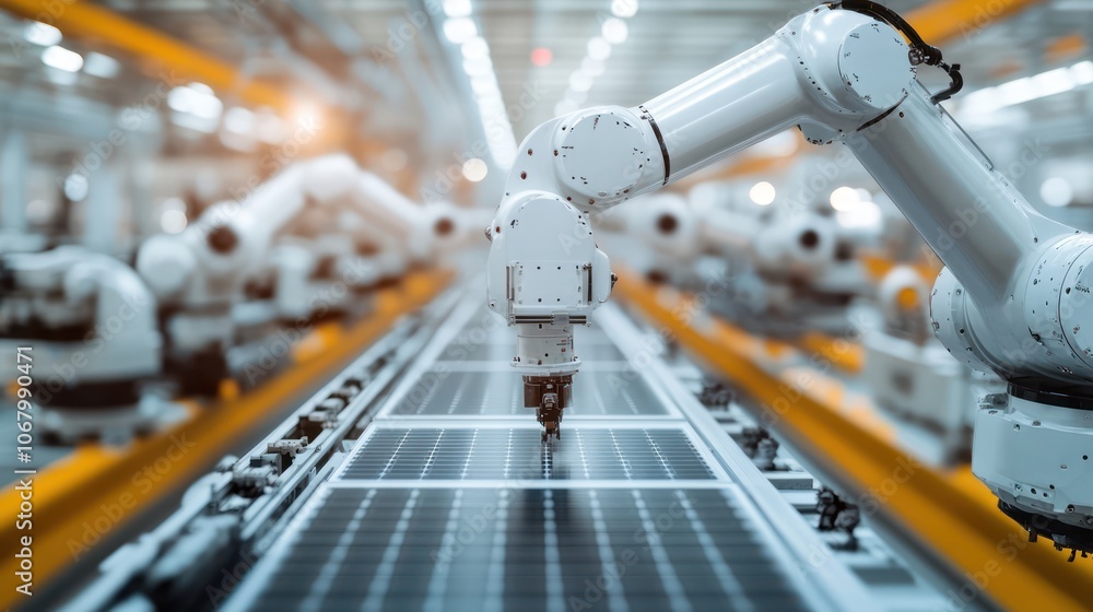 Large Production Line with White Industrial Robot Arms at Modern Bright Factory. Solar Panels are being Assembled on Conveyor. Automated Manufacturing Facility Large Production Line with White Industrial Robot Arms at Modern Bright Factory. Solar Panels are being Assembled on Conveyor. Automated Manufacturing Facility