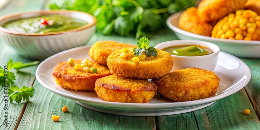 Golden Corn Fritters Served with a Side of Green Dip on a White Plate Golden Corn Fritters Served with a Side of Green Dip on a White Plate