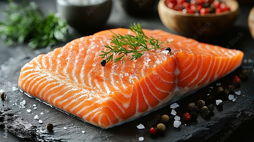 Fresh salmon steak on a black stone background, perfect for healthy food and vegetarian cuisine banners or product displays. Fresh salmon steak on a black stone background, perfect for healthy food and vegetarian cuisine banners or product displays.