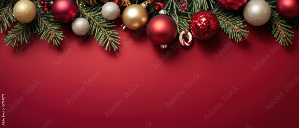 Elegant Christmas border featuring red and gold ornaments, pine cones, and greenery on a vibrant red background. Perfect for holiday themes and seasonal designs. Elegant Christmas border featuring red and gold ornaments, pine cones, and greenery on a vibrant red background. Perfect for holiday themes and seasonal designs.