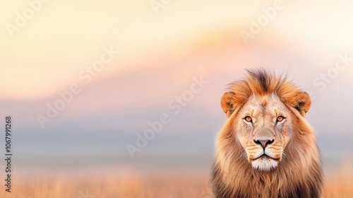 A close up portrait of a male lion with a thick, flowing mane, his amber eyes staring directly at the camera against a blurred savanna background.