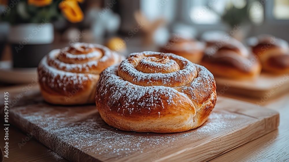Freshly baked cinnamon rolls dusted with powdered sugar sit on a wooden table, creating a cozy and inviting scene perfect for fall gatherings. Freshly baked cinnamon rolls dusted with powdered sugar sit on a wooden table, creating a cozy and inviting scene perfect for fall gatherings.