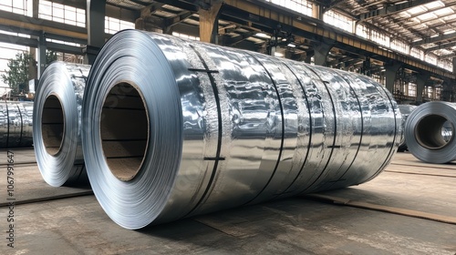 Rolls of galvanized steel sheet inside the factory or warehouse