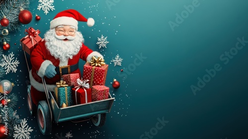 Santa Claus pushing a hand truck and delivering Christmas gifts, banner with copy space