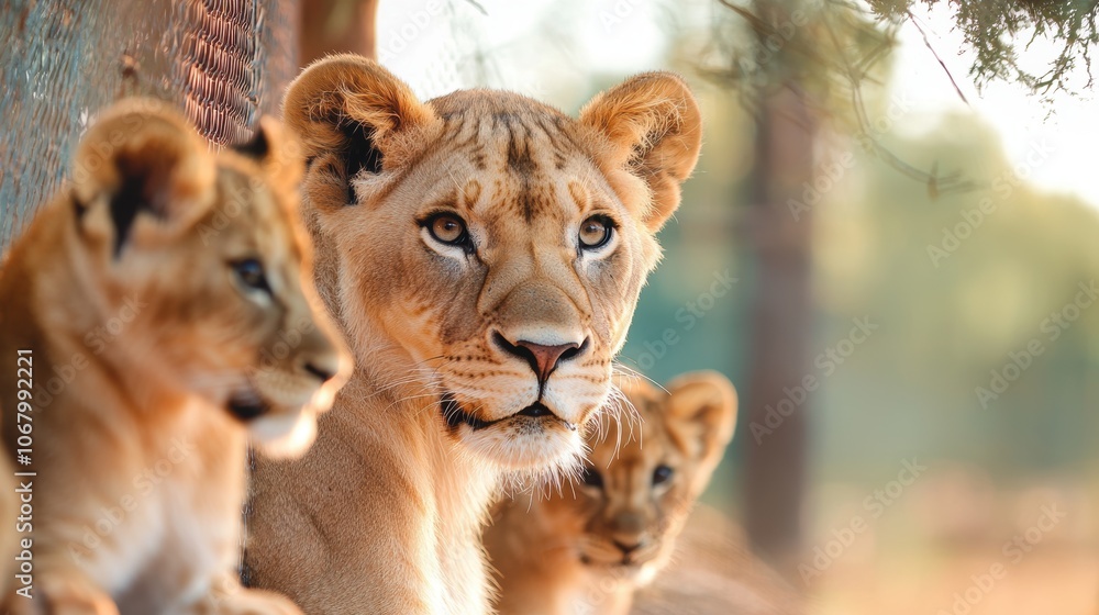 A lioness interacting with her cubs in a spacious enclosure at a wildlife sanctuary, where they are provided with enrichment activities and natural habitats to promote their well being. A lioness interacting with her cubs in a spacious enclosure at a wildlife sanctuary, where they are provided with enrichment activities and natural habitats to promote their well being.