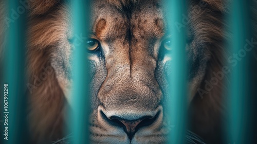 A close up portrait of a lion through the bars of its cage, its eyes reflecting a mixture of boredom and resignation, highlighting the challenges of providing stimulating environments for captive photo