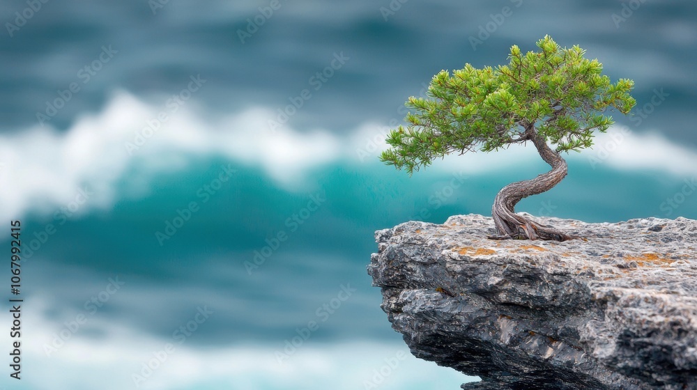 Fototapeta premium A single weathered pine tree clinging to a rocky cliffside, overlooking a dramatic ocean vista with crashing waves below.