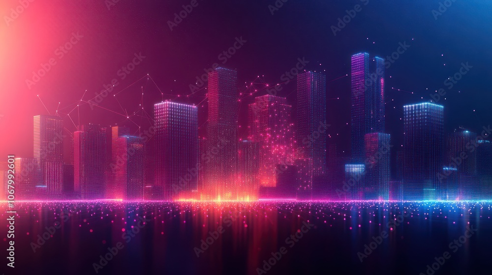 Smart city dot point connect with gradient line, connection technology metaverse concept. night city banner with big data Smart city dot point connect with gradient line, connection technology metaverse concept. night city banner with big data
