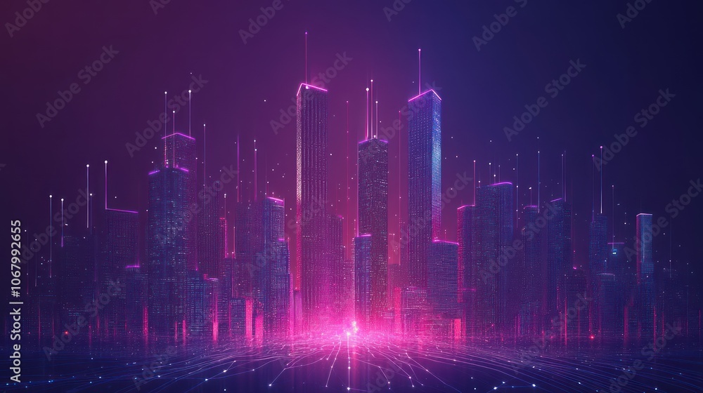Smart city dot point connect with gradient line, connection technology metaverse concept. night city banner with big data Smart city dot point connect with gradient line, connection technology metaverse concept. night city banner with big data