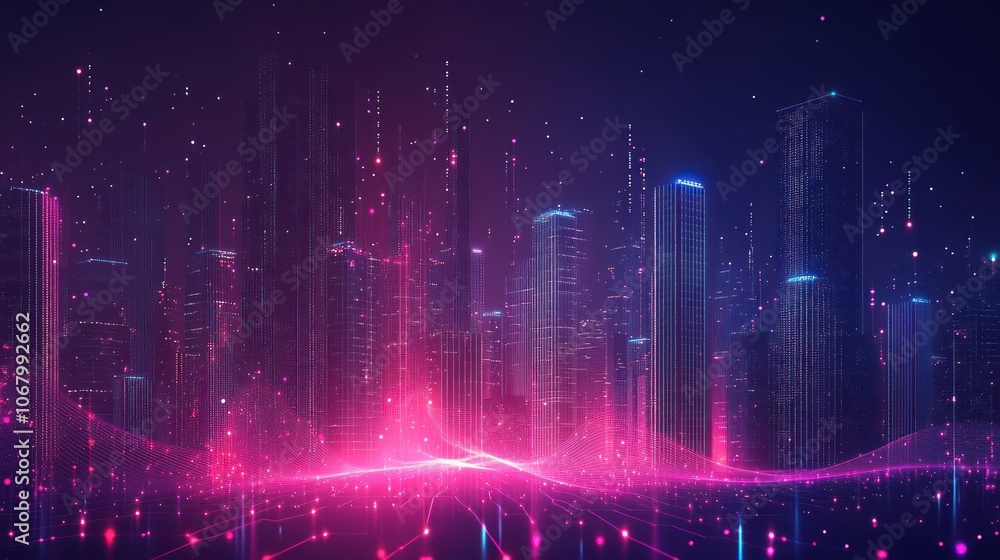 Smart city dot point connect with gradient line, connection technology metaverse concept. night city banner with big data Smart city dot point connect with gradient line, connection technology metaverse concept. night city banner with big data