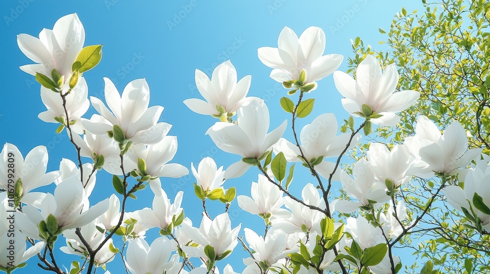 Obraz premium A magnolia tree with large, fragrant white flowers, their petals unfurling gracefully against a backdrop of lush green foliage.