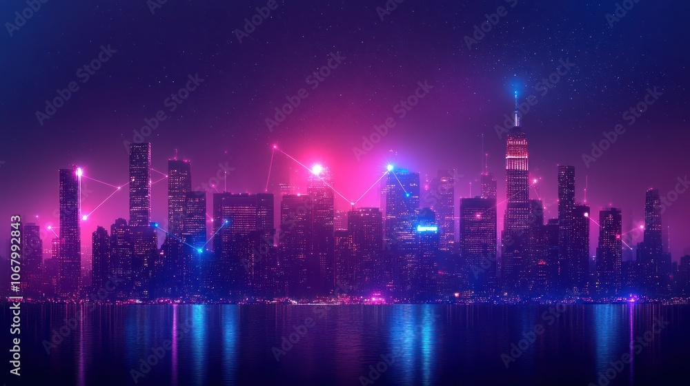 Smart city dot point connect with gradient line, connection technology metaverse concept. night city banner with big data
