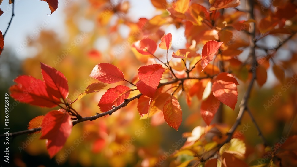 Warm Autumn Colors of Sunlit Leaves in Close-Up, Beautiful Red and Yellow Foliage Warm Autumn Colors of Sunlit Leaves in Close-Up, Beautiful Red and Yellow Foliage