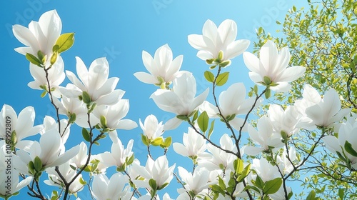 A magnolia tree with large, fragrant white flowers, their petals unfurling gracefully against a backdrop of lush green foliage.