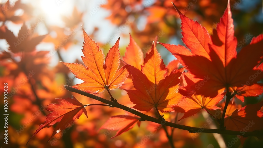 Warm Autumn Colors of Sunlit Leaves in Close-Up, Beautiful Red and Yellow Foliage Warm Autumn Colors of Sunlit Leaves in Close-Up, Beautiful Red and Yellow Foliage