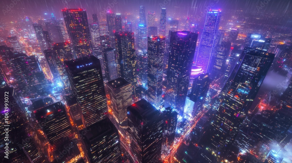 Fototapeta premium Vibrant City Skyline at Night with Rain Effects