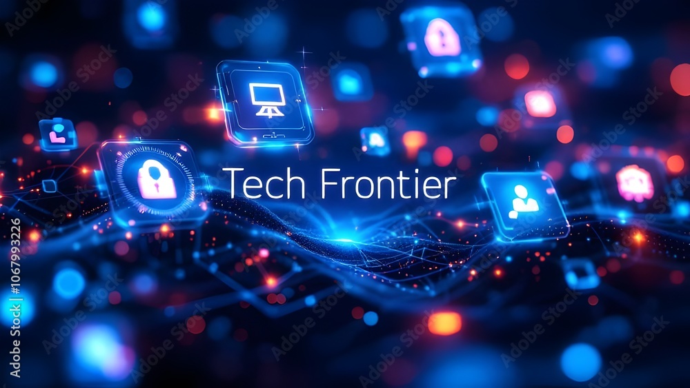 Fototapeta premium Tech Frontier Digital Innovation Concept - Floating Technology Icons with Network Visualization in Neon Blue and Red