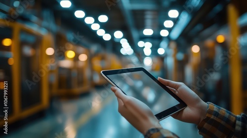 Smart industry control concept. Hands holding tablet on blurred automation machine as background