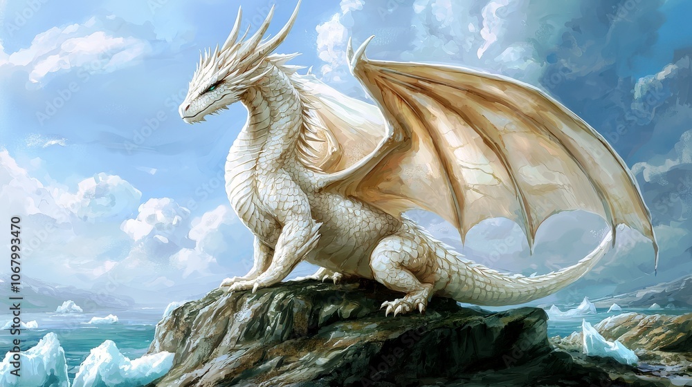 Majestic White Dragon in Watercolor Painting Majestic White Dragon in Watercolor Painting