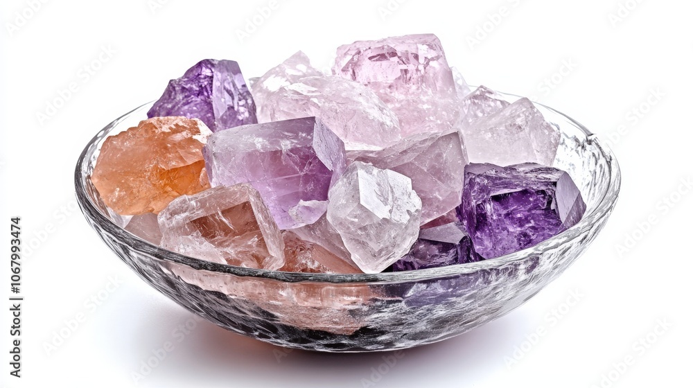 A bowl of healing crystals like rose quartz and amethyst, isolated on a white background A bowl of healing crystals like rose quartz and amethyst, isolated on a white background