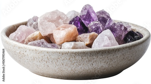 A bowl of healing crystals like rose quartz and amethyst, isolated on a white background photo