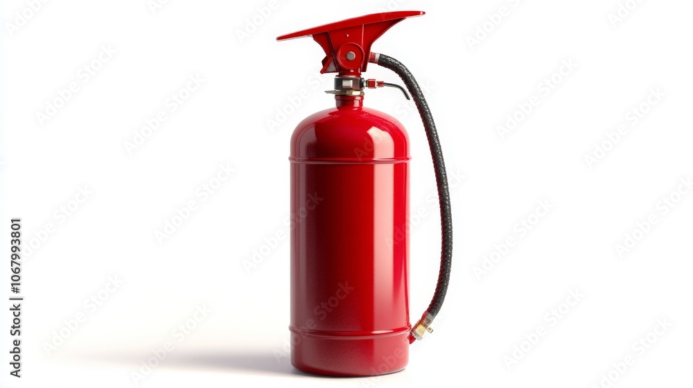 A bright red fire extinguisher for safety, isolated on a white background A bright red fire extinguisher for safety, isolated on a white background
