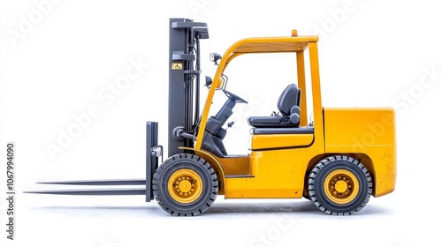 A bright yellow forklift used for lifting materials, isolated on a white background