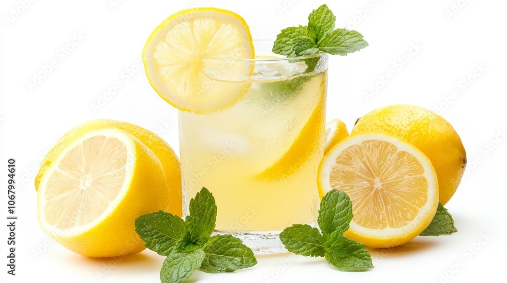 A chilled glass of lemonade with fresh lemon slices and mint leaves, isolated on a white background A chilled glass of lemonade with fresh lemon slices and mint leaves, isolated on a white background